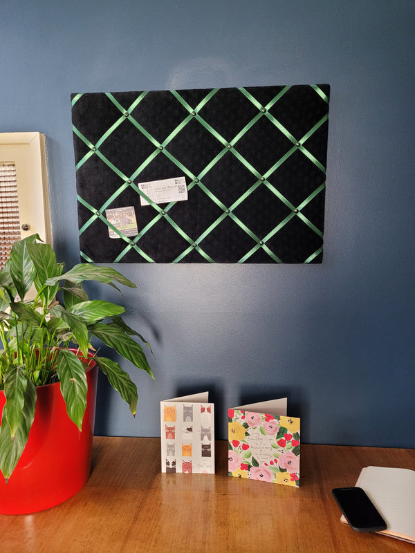 Notice Board - Black Velvet Green Ribbon