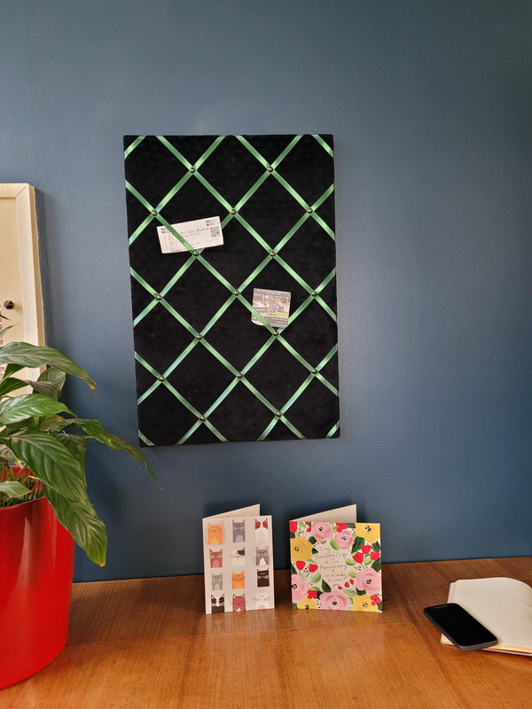 Notice Board - Black Velvet Green Ribbon