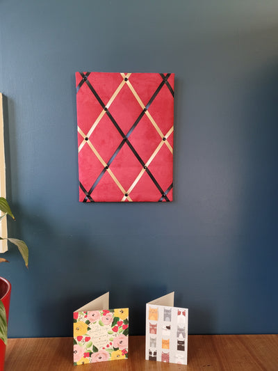 Small Notice Board - Burgundy Faux Suede with Black and Gold Ribbons