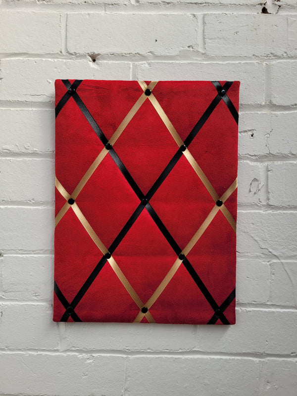 Small Notice Board - Burgundy Faux Suede with Black and Gold Ribbons