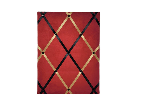 Small Notice Board - Burgundy Faux Suede with Black and Gold Ribbons